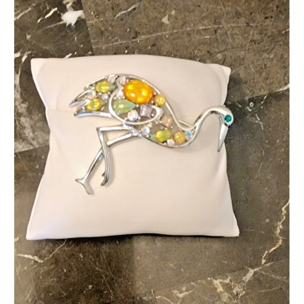 Vintage Silver Multi Color Flamingo Brooch